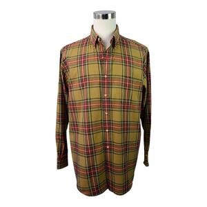 Viyella Wool Cotton Blend Tan Green Red Plaid Long Sleeve Button Down Shirt XL